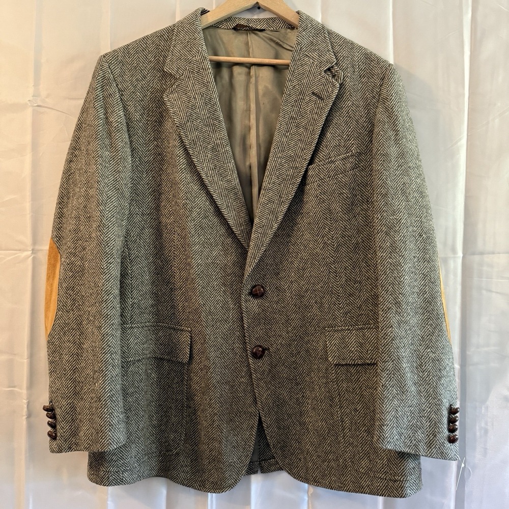 Cricketeer USA Vintage 42S Wool Herringbone Hunters Blazer Elbow Patch Gray *des